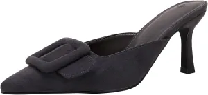 VETASTE Women's Heeled Mules Pointed Toe Suede Buckle Slip On Sandals Kitten Heels Party Wedding Shoes