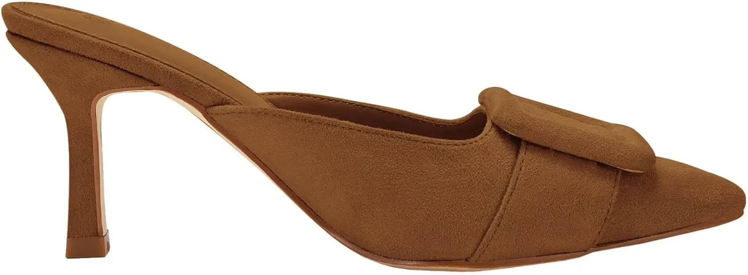 VETASTE Women's Heeled Mules Pointed Toe Suede Buckle Slip On Sandals Kitten Heels Party Wedding Shoes