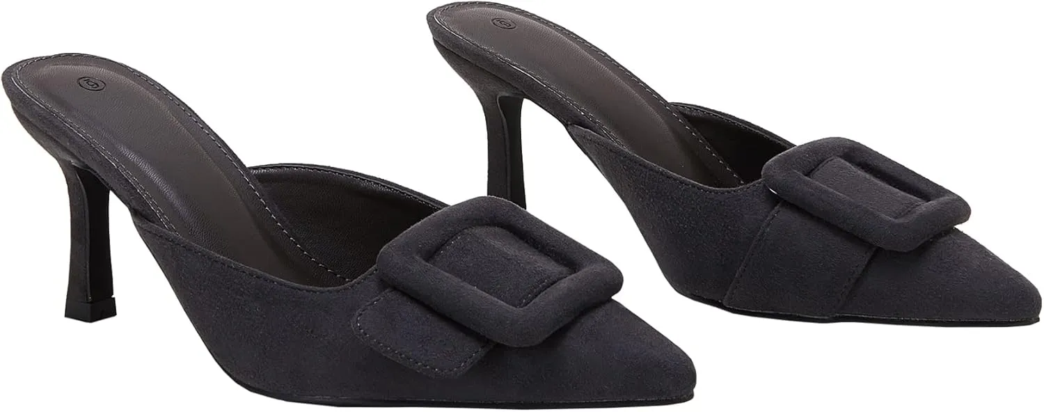 VETASTE Women's Heeled Mules Pointed Toe Suede Buckle Slip On Sandals Kitten Heels Party Wedding Shoes