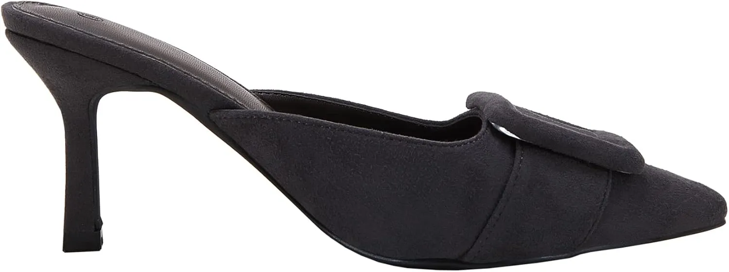 VETASTE Women's Heeled Mules Pointed Toe Suede Buckle Slip On Sandals Kitten Heels Party Wedding Shoes