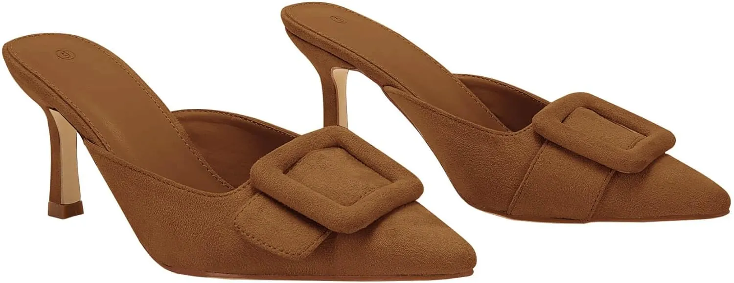 VETASTE Women's Heeled Mules Pointed Toe Suede Buckle Slip On Sandals Kitten Heels Party Wedding Shoes