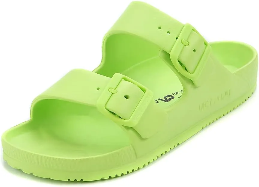 VICT POPU Womens Sandals Adjustable Double Buckle Strap Waterproof EVA Flat Slides