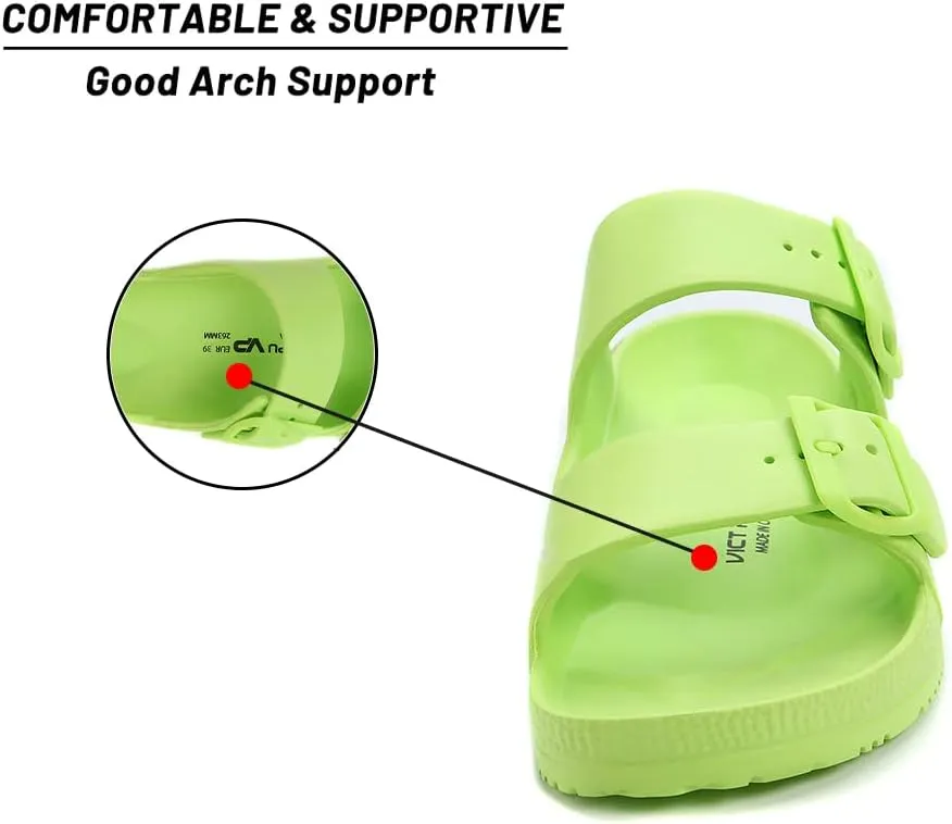 VICT POPU Womens Sandals Adjustable Double Buckle Strap Waterproof EVA Flat Slides