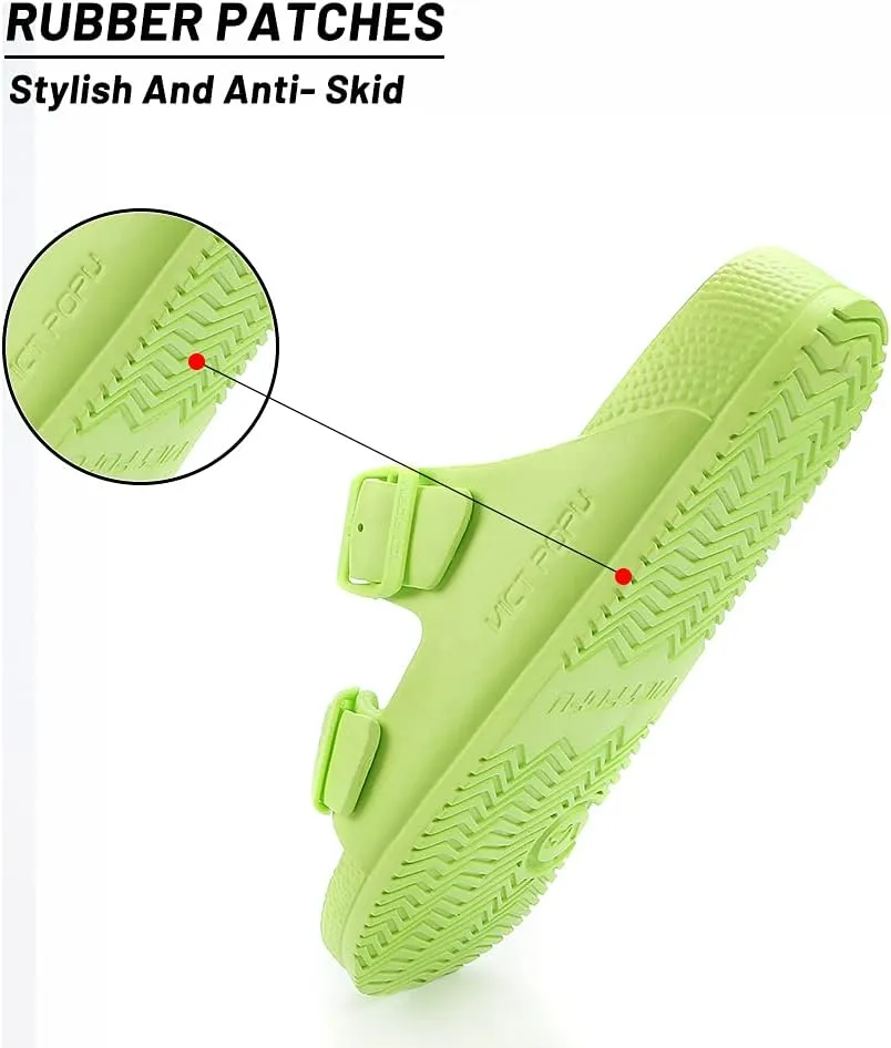 VICT POPU Womens Sandals Adjustable Double Buckle Strap Waterproof EVA Flat Slides