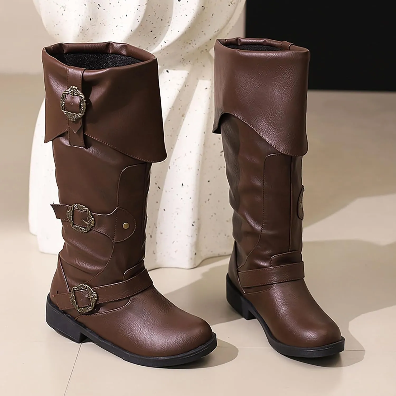 Victorian Boots for Women Men Knee High Riding Pirate Boots, Comfortable Low Chunky Heel Flat Motorcycle Buckle for Women