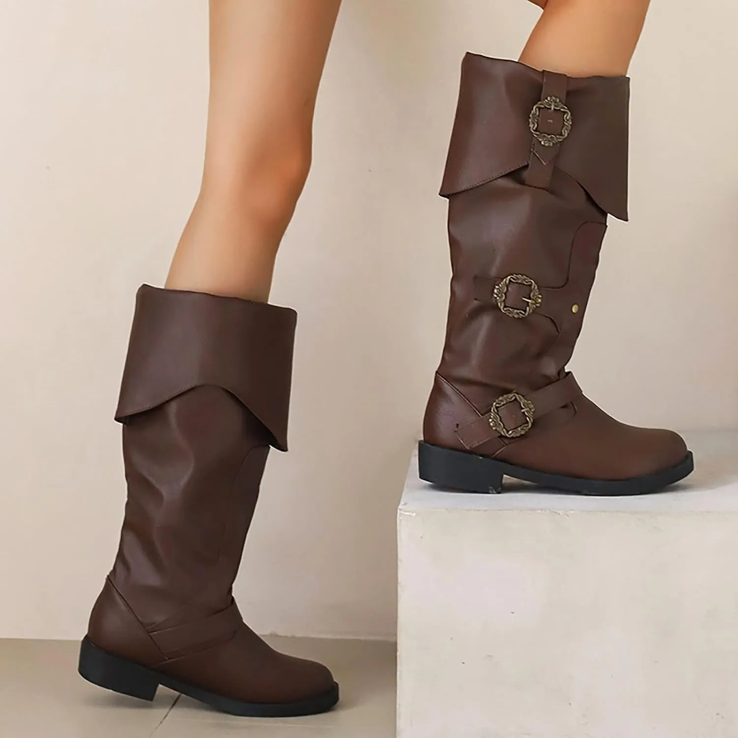 Victorian Boots for Women Men Knee High Riding Pirate Boots, Comfortable Low Chunky Heel Flat Motorcycle Buckle for Women