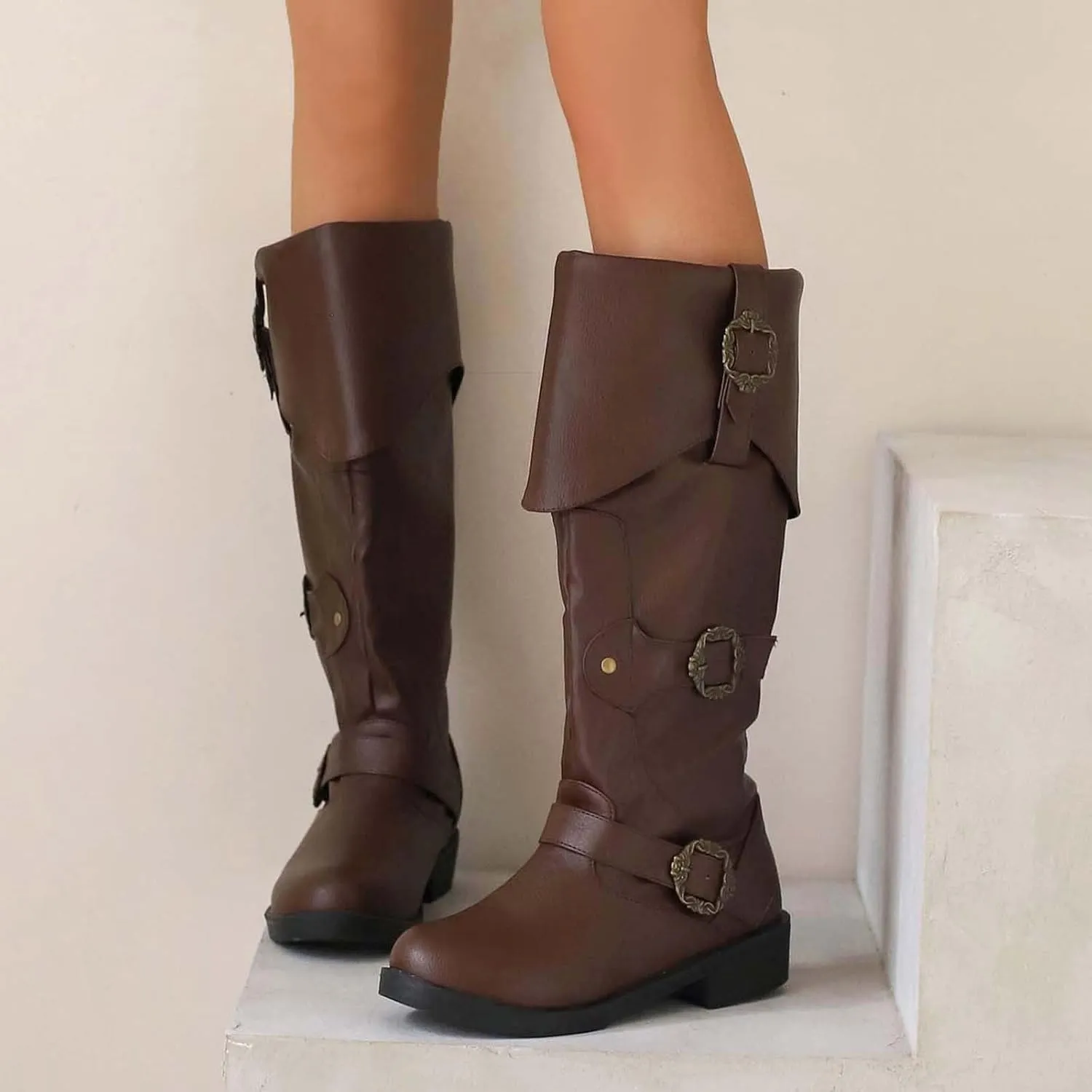 Victorian Boots for Women Men Knee High Riding Pirate Boots, Comfortable Low Chunky Heel Flat Motorcycle Buckle for Women