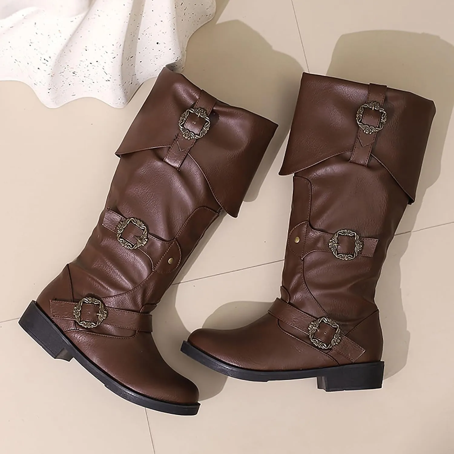 Victorian Boots for Women Men Knee High Riding Pirate Boots, Comfortable Low Chunky Heel Flat Motorcycle Buckle for Women