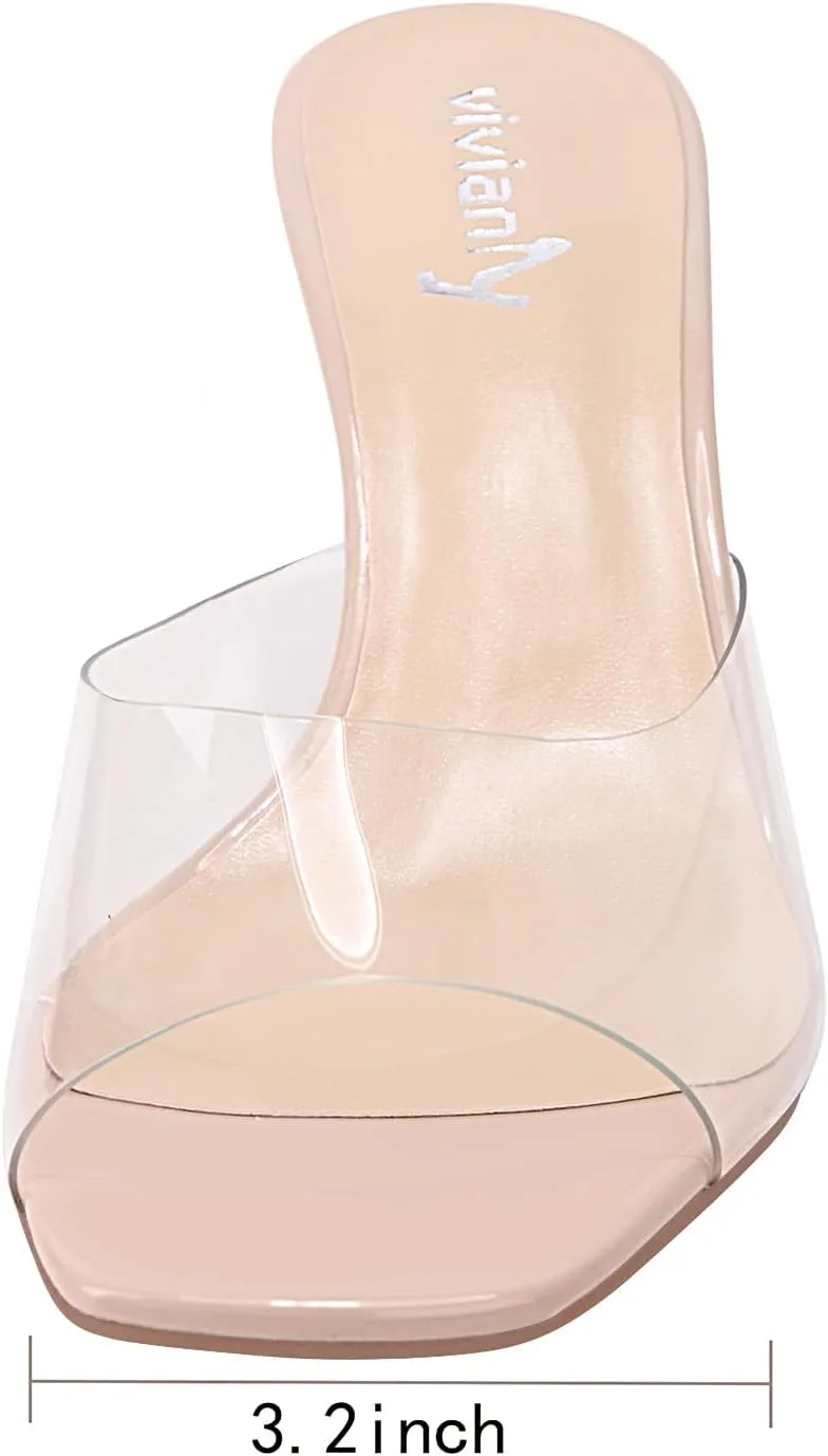vivianly Womens Clear Heels Sandals Transparent Stiletto Heel Slippers Backless Peep Toe Slip on Heeled Mules