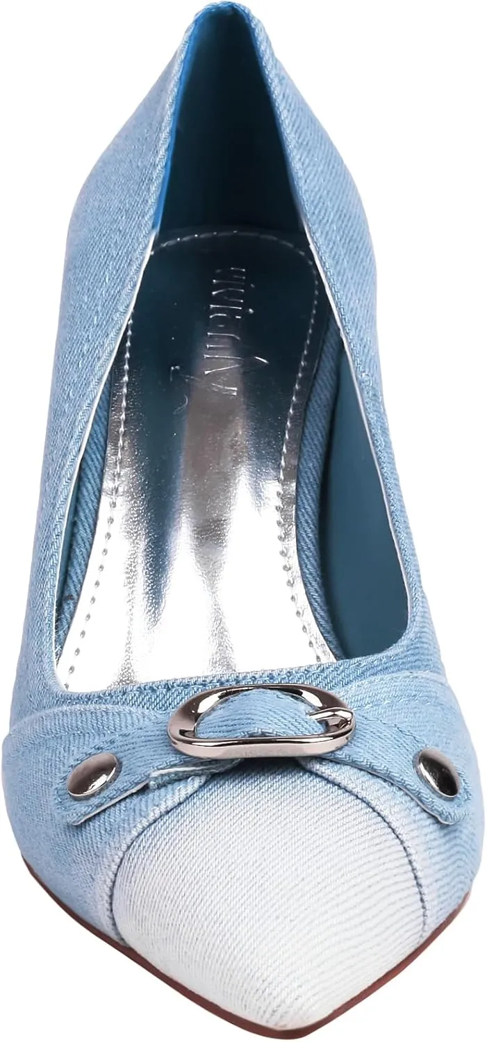 vivianly Womens Denim Stiletto Heels Sandals Pointed Toe Heeled Mule Pumps