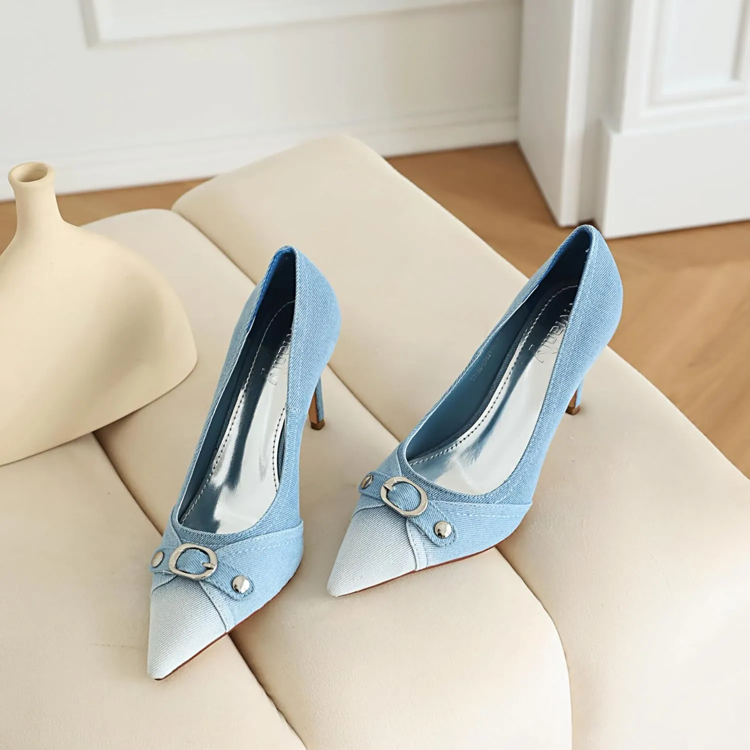 vivianly Womens Denim Stiletto Heels Sandals Pointed Toe Heeled Mule Pumps