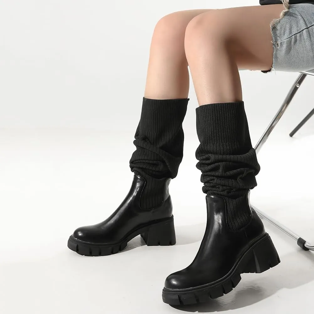 VOMIRA Sexy Thigh High Platform Boots For Women Black Over The Knee Boots Buckle Lace Up Round Toe Wedges Boots