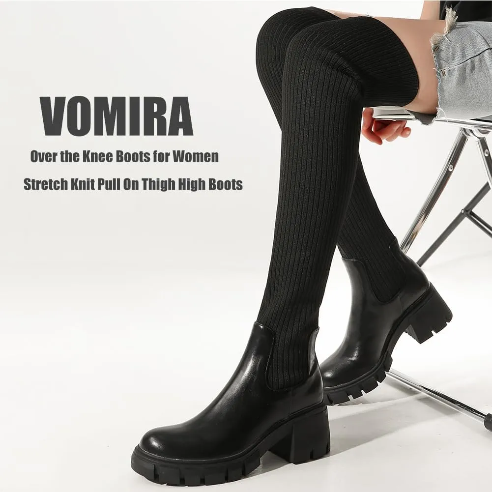 VOMIRA Sexy Thigh High Platform Boots For Women Black Over The Knee Boots Buckle Lace Up Round Toe Wedges Boots