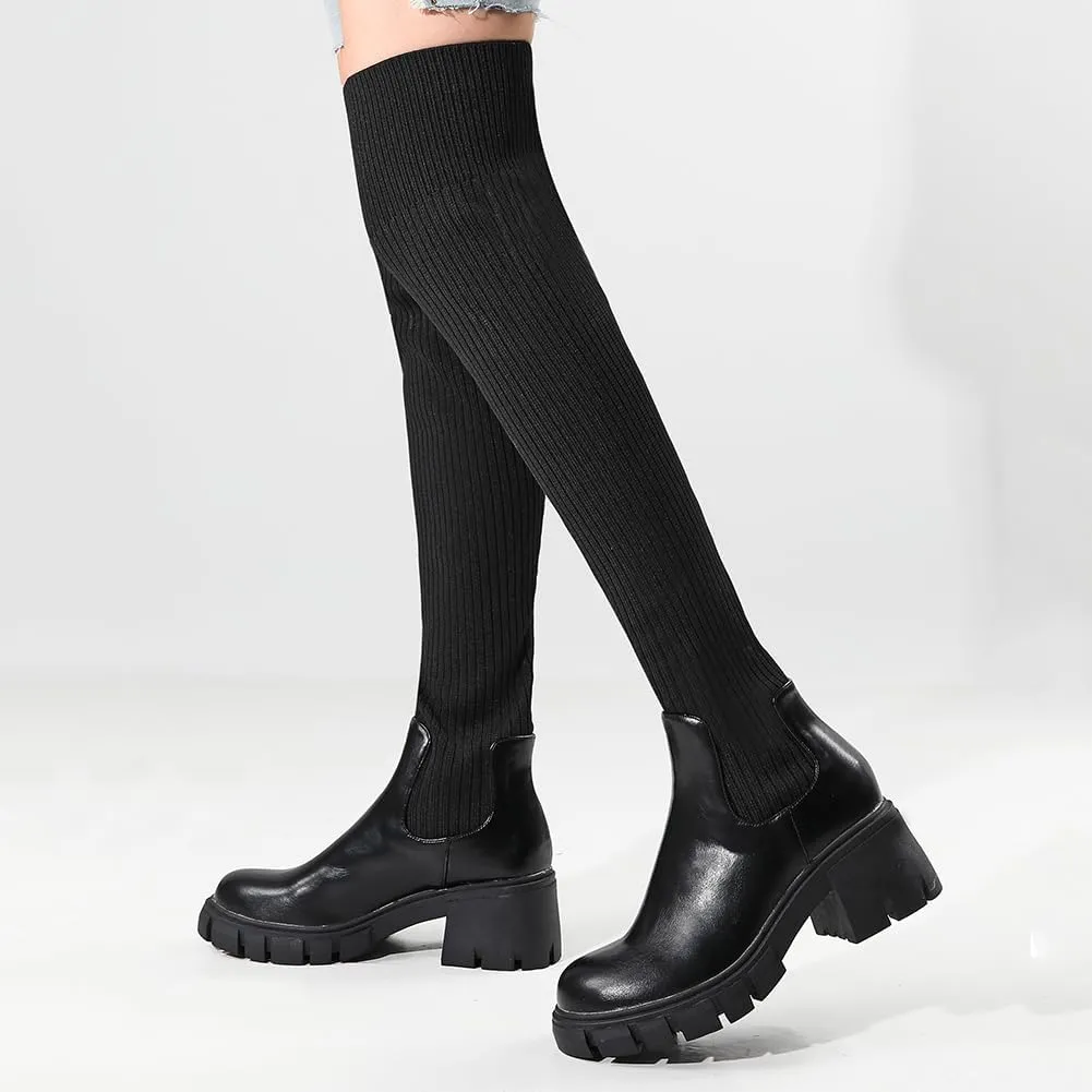 VOMIRA Sexy Thigh High Platform Boots For Women Black Over The Knee Boots Buckle Lace Up Round Toe Wedges Boots