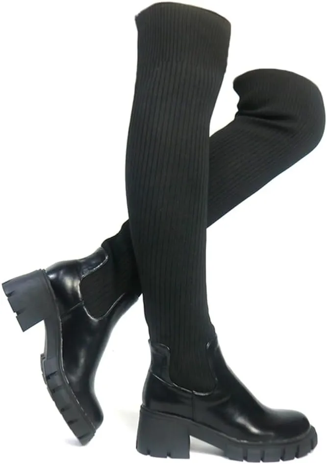 VOMIRA Sexy Thigh High Platform Boots For Women Black Over The Knee Boots Buckle Lace Up Round Toe Wedges Boots