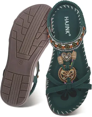 Walking Sandals Women Comfort Dressy Womens Flat Sandals Non Slip On Bohemian Summer Beach Shoes With Elastic Ankle Strap
