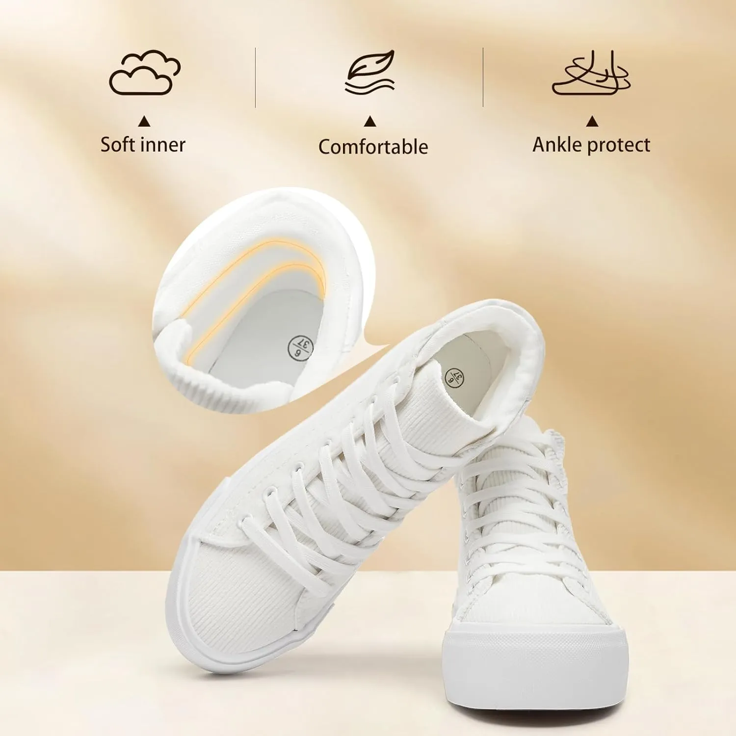 Waluzs Women's Platforms Sneakers White High Top Sneakers for Women Fashion Platform Shoes Classic Lace Up Tennis Shoes (Breathable,Comfortable)