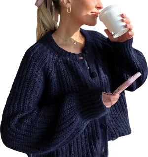 Watashi Women's Casual Long Sleeve Cardigan Round Neck Solid Color Sweater