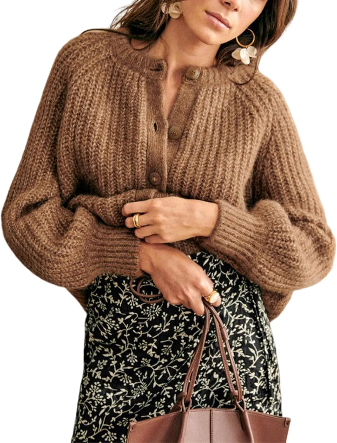 Watashi Women's Casual Long Sleeve Cardigan Round Neck Solid Color Sweater