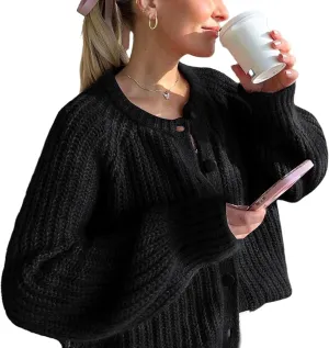 Watashi Women's Casual Long Sleeve Cardigan Round Neck Solid Color Sweater