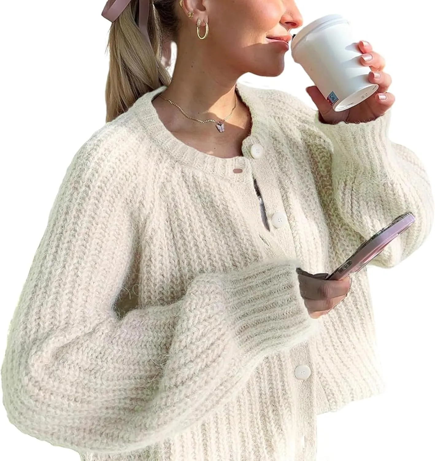 Watashi Women's Casual Long Sleeve Cardigan Round Neck Solid Color Sweater