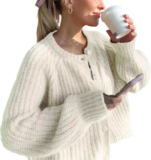 Watashi Women's Casual Long Sleeve Cardigan Round Neck Solid Color Sweater