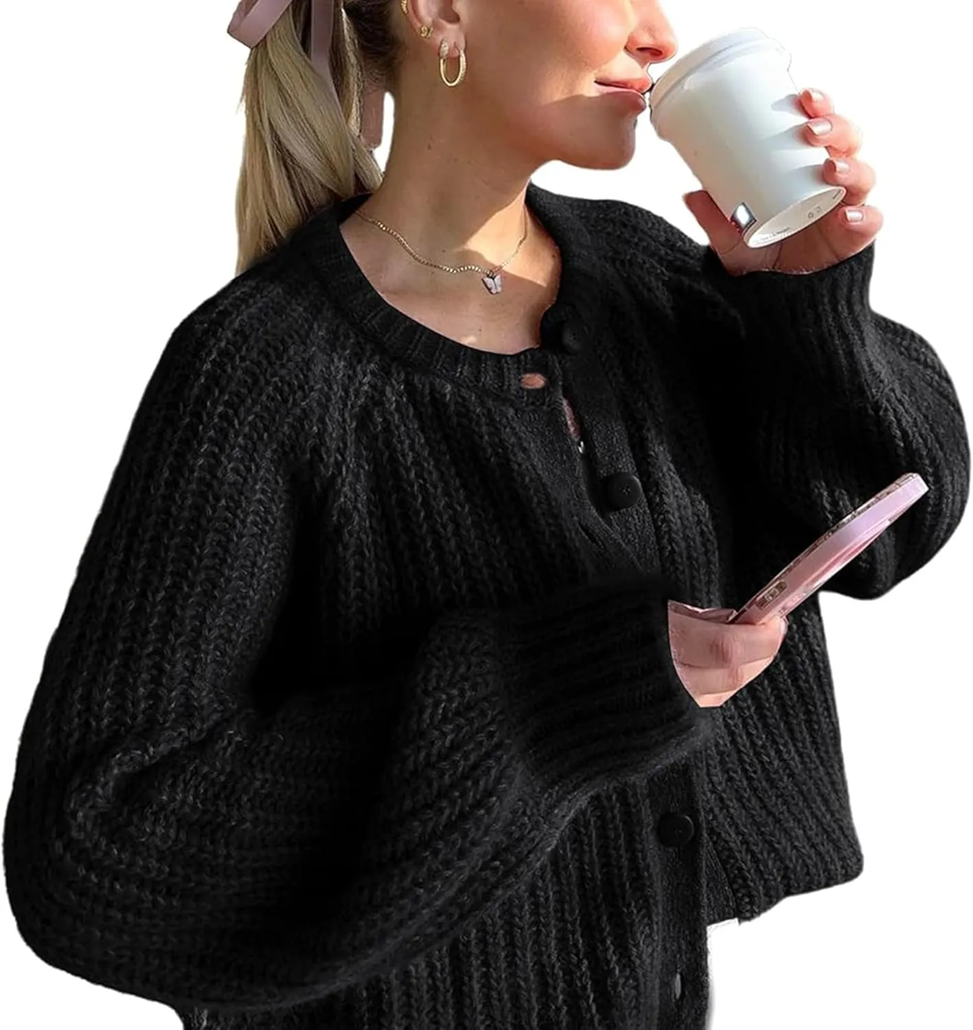Watashi Women's Casual Long Sleeve Cardigan Round Neck Solid Color Sweater