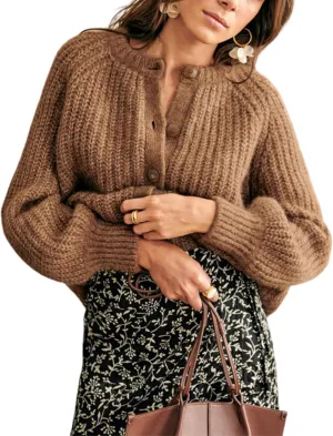Watashi Women's Casual Long Sleeve Cardigan Round Neck Solid Color Sweater