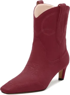 WAYDERNS Women's Cowboy Ankle Boots Western Low Kitten Heel Square Toe 2 Inch Short Booties Comfortable Casual Prom Party Pull on Fall Winter Shoes