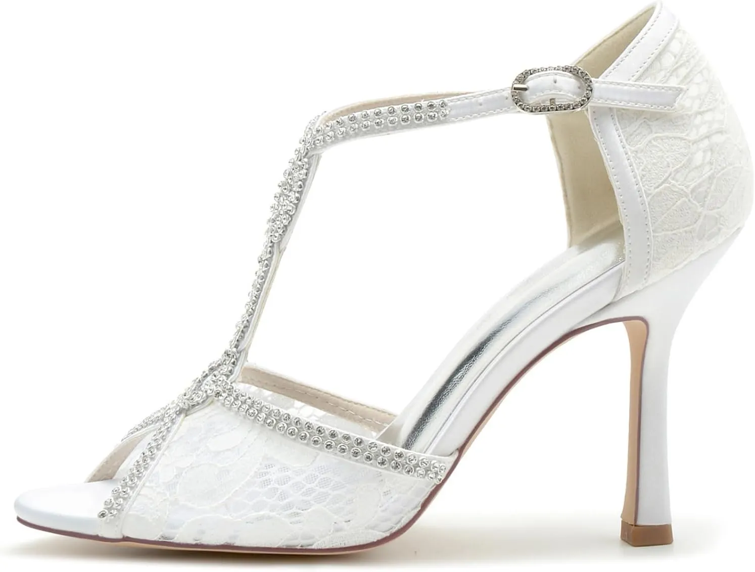 Wedding Bridal Shoes Women Lace Peep Toe High Heel Sandals Rhinestones Stiletto Heel Wedding Evening Dress Shoes 9.5Cm