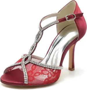 Wedding Bridal Shoes Women Lace Peep Toe High Heel Sandals Rhinestones Stiletto Heel Wedding Evening Dress Shoes 9.5Cm
