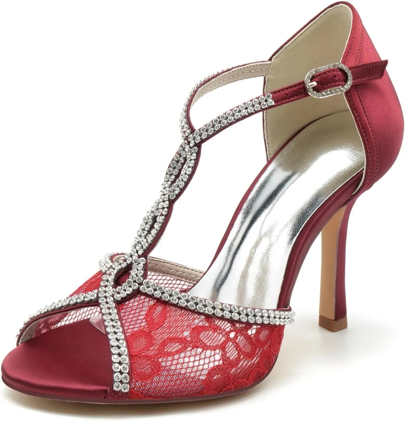 Wedding Bridal Shoes Women Lace Peep Toe High Heel Sandals Rhinestones Stiletto Heel Wedding Evening Dress Shoes 9.5Cm