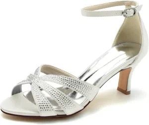 Wedding Bridal Shoes Women Sandals Peep Satin Open Toe Low Heel Ankle Strap Dress Shoes Womens Pumps Party Heels 6.5Cm,Ivory,8.5