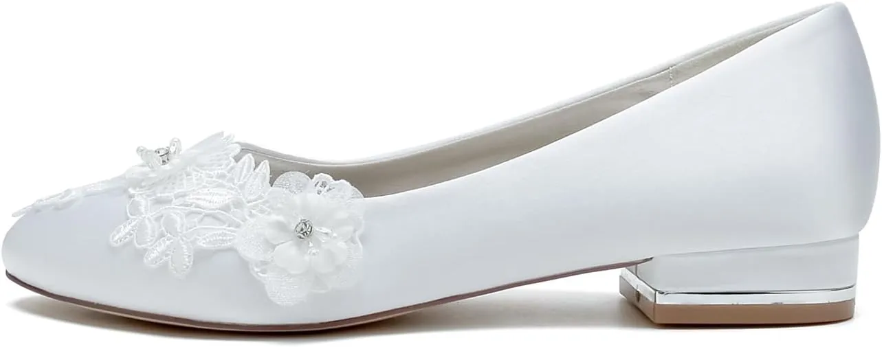 Wedding Dress Shoes for Bride Bridal Sandals Flat Low Block Heel Flats Round Toe Closed Toe Sandals Comfortable Walking