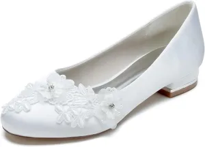 Wedding Dress Shoes for Bride Bridal Sandals Flat Low Block Heel Flats Round Toe Closed Toe Sandals Comfortable Walking