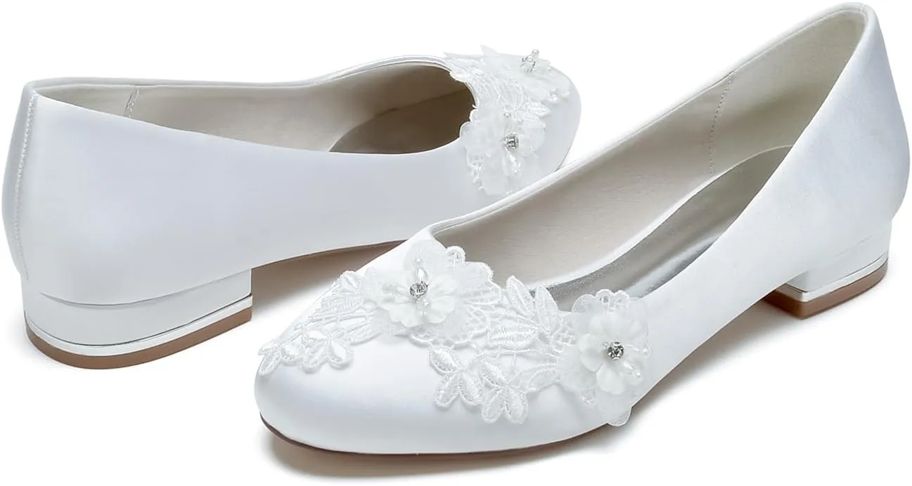 Wedding Dress Shoes for Bride Bridal Sandals Flat Low Block Heel Flats Round Toe Closed Toe Sandals Comfortable Walking