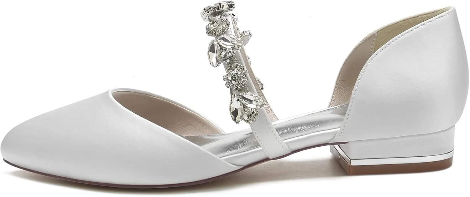 Wedding Shoes Flats Bride Satin Pearls Round Toe Flats Women Dress Shoes For/Engagement/Evening/Prom 2.5Cm
