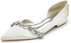 Wedding Shoes Women's Ballet Flats Satin Pointed Toe Slip on Flats Shoes Rhinestones Bride Women Shoes Dressy Comfort Loafers 2.5Cm