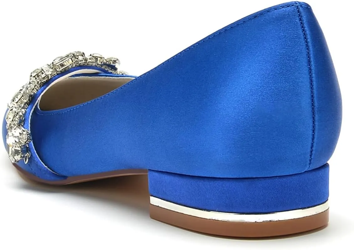 Wedding Shoes Women's Ballet Flats Satin Pointed Toe Slip on Flats Shoes Rhinestones Bride Women Shoes Dressy Comfort Loafers 2.5Cm