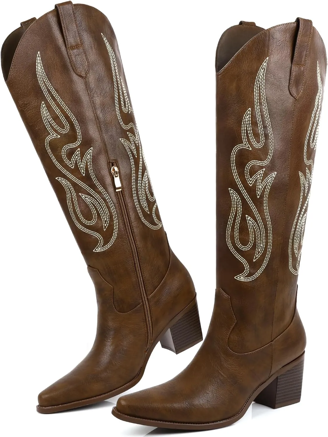 Wide Calf Cowgirl Boots For Women Knee High Cowboy Boots Pointed Toe Chunky Heel Boot Ladies Western Boots With Classic Embroidery and Side Zipper Classic Retro Country Boots For Lady Size 6-11