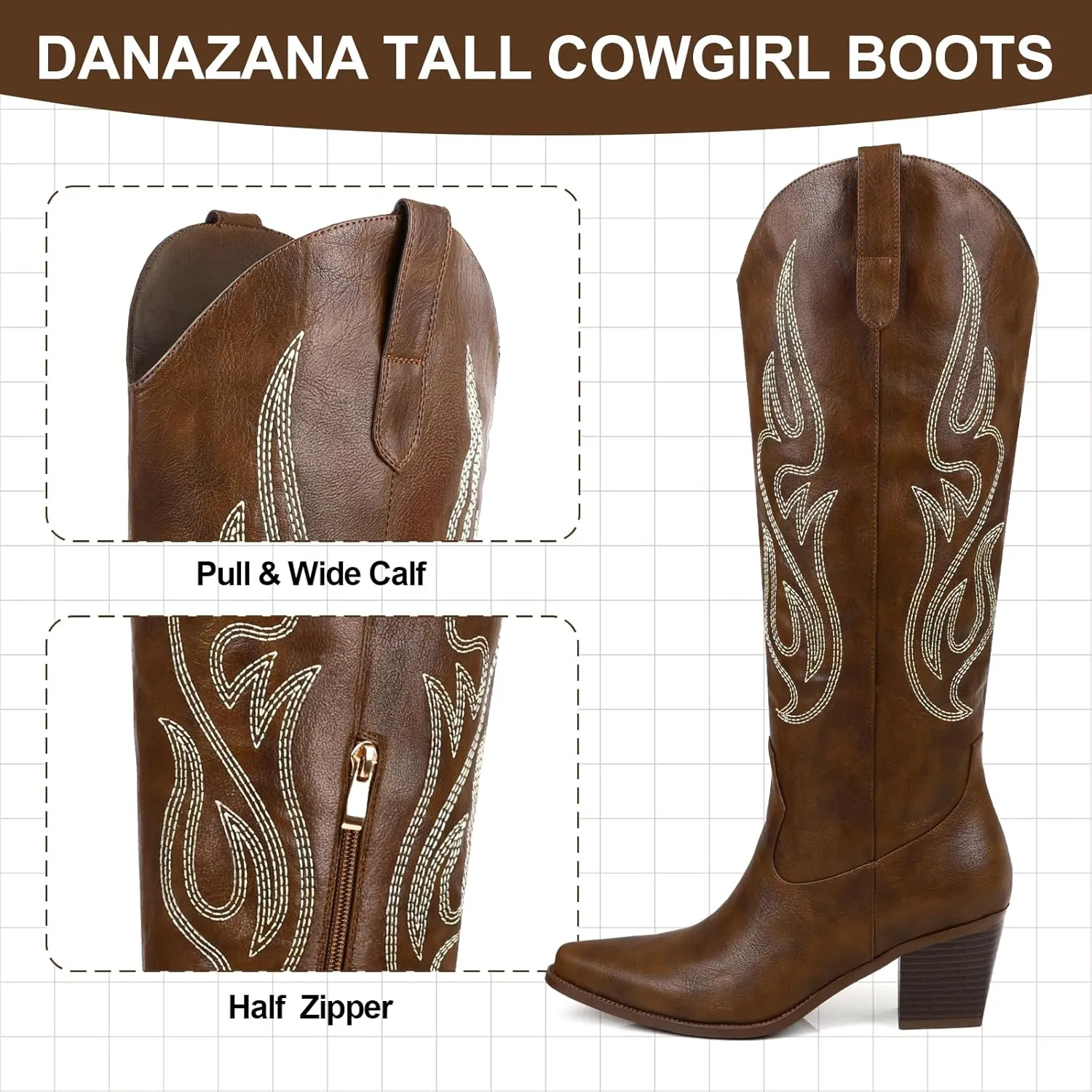 Wide Calf Cowgirl Boots For Women Knee High Cowboy Boots Pointed Toe Chunky Heel Boot Ladies Western Boots With Classic Embroidery and Side Zipper Classic Retro Country Boots For Lady Size 6-11