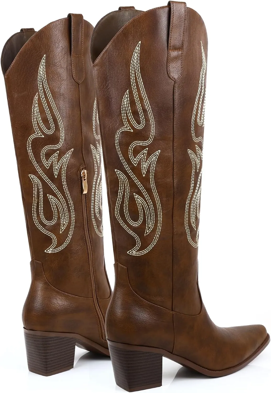 Wide Calf Cowgirl Boots For Women Knee High Cowboy Boots Pointed Toe Chunky Heel Boot Ladies Western Boots With Classic Embroidery and Side Zipper Classic Retro Country Boots For Lady Size 6-11