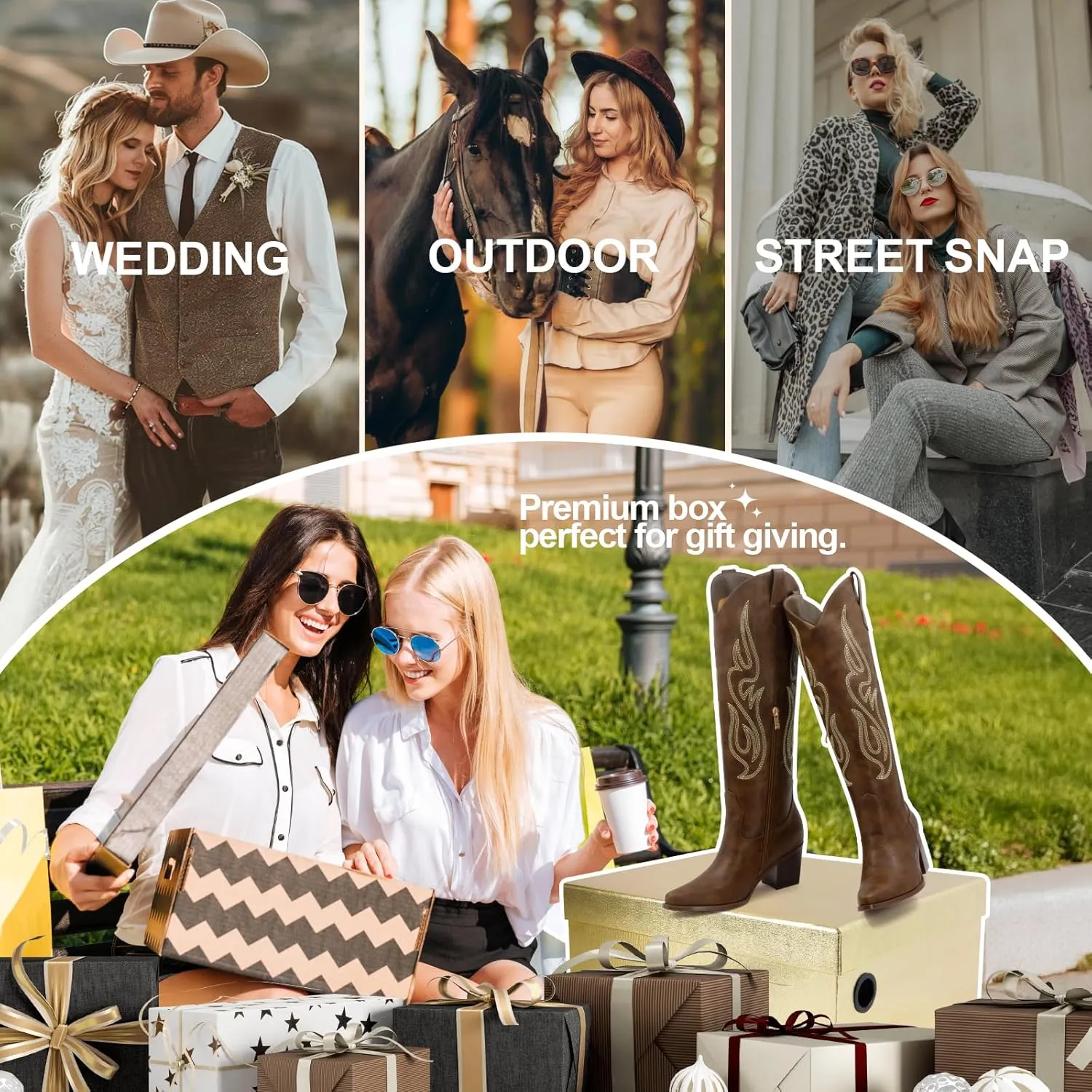 Wide Calf Cowgirl Boots For Women Knee High Cowboy Boots Pointed Toe Chunky Heel Boot Ladies Western Boots With Classic Embroidery and Side Zipper Classic Retro Country Boots For Lady Size 6-11