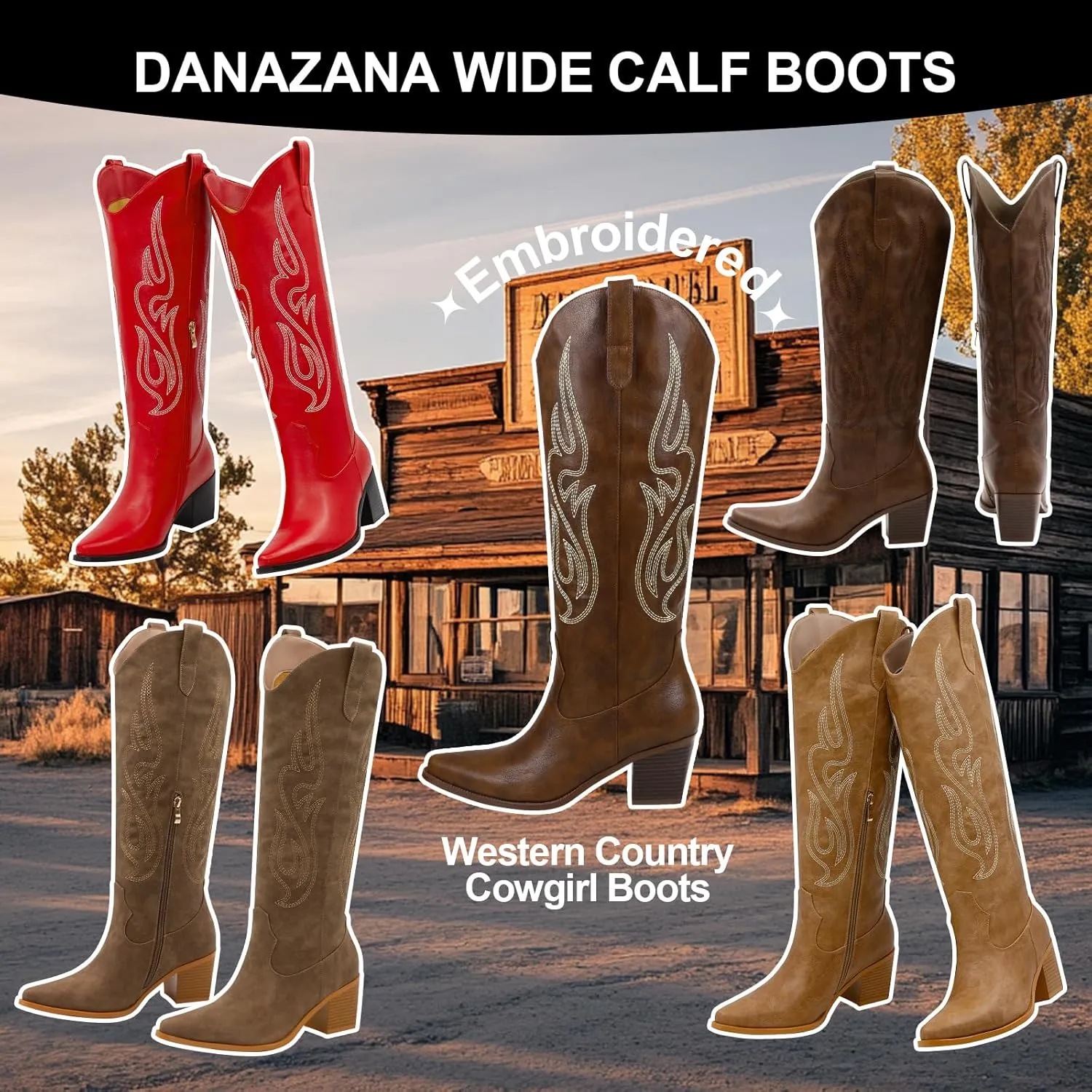 Wide Calf Cowgirl Boots For Women Knee High Cowboy Boots Pointed Toe Chunky Heel Boot Ladies Western Boots With Classic Embroidery and Side Zipper Classic Retro Country Boots For Lady Size 6-11