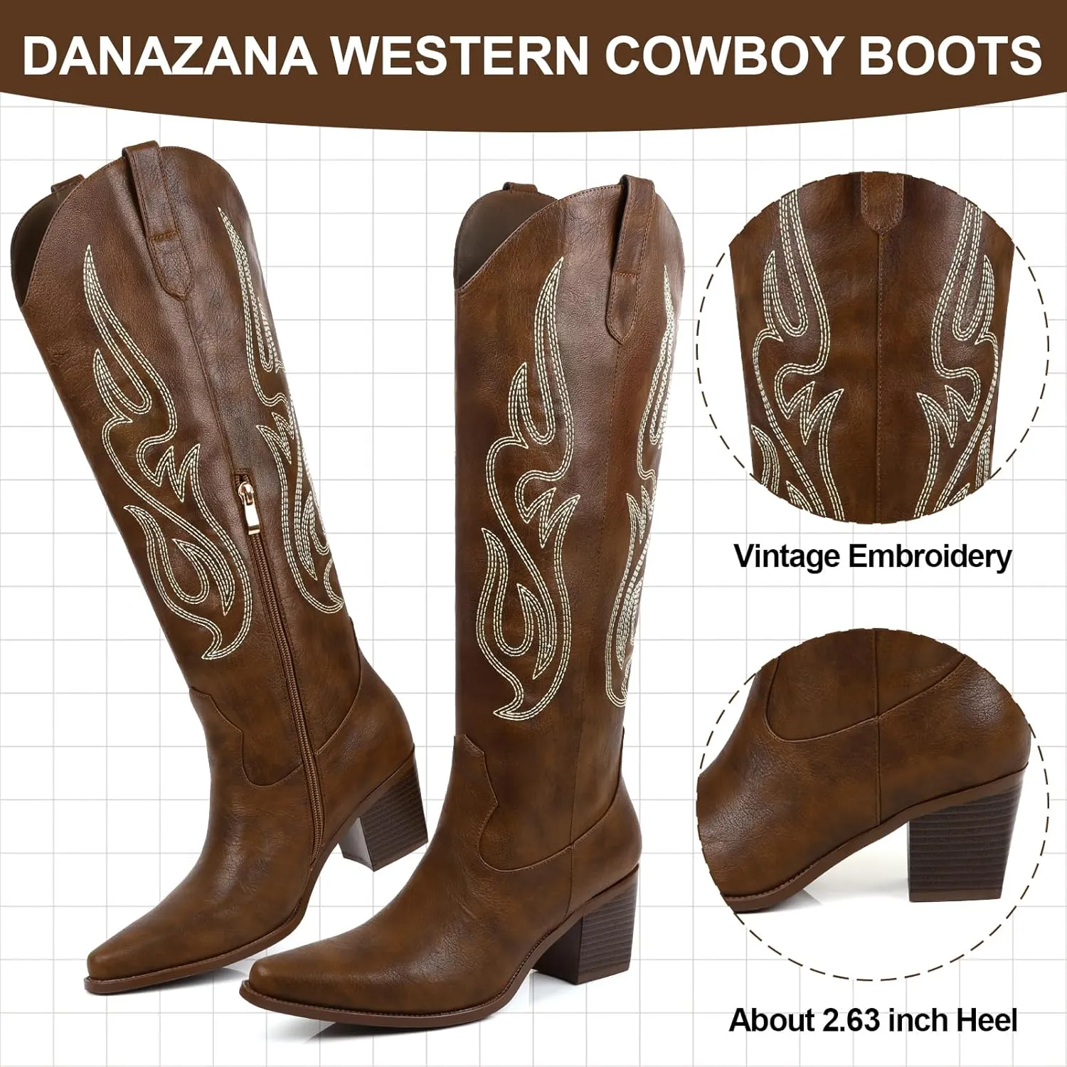 Wide Calf Cowgirl Boots For Women Knee High Cowboy Boots Pointed Toe Chunky Heel Boot Ladies Western Boots With Classic Embroidery and Side Zipper Classic Retro Country Boots For Lady Size 6-11