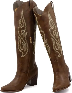 Wide Calf Cowgirl Boots For Women Knee High Cowboy Boots Pointed Toe Chunky Heel Boot Ladies Western Boots With Classic Embroidery and Side Zipper Classic Retro Country Boots For Lady Size 6-11