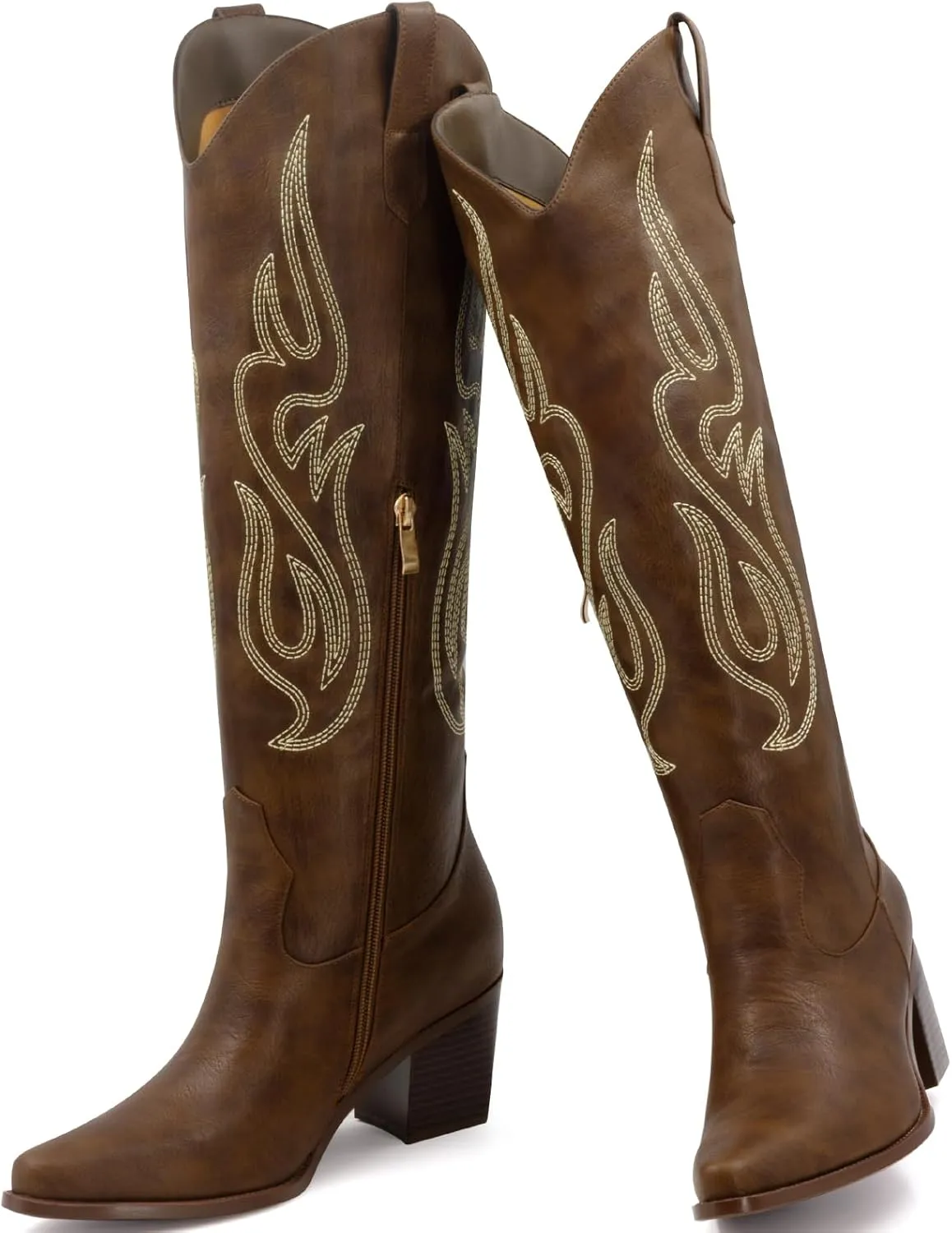 Wide Calf Cowgirl Boots For Women Knee High Cowboy Boots Pointed Toe Chunky Heel Boot Ladies Western Boots With Classic Embroidery and Side Zipper Classic Retro Country Boots For Lady Size 6-11