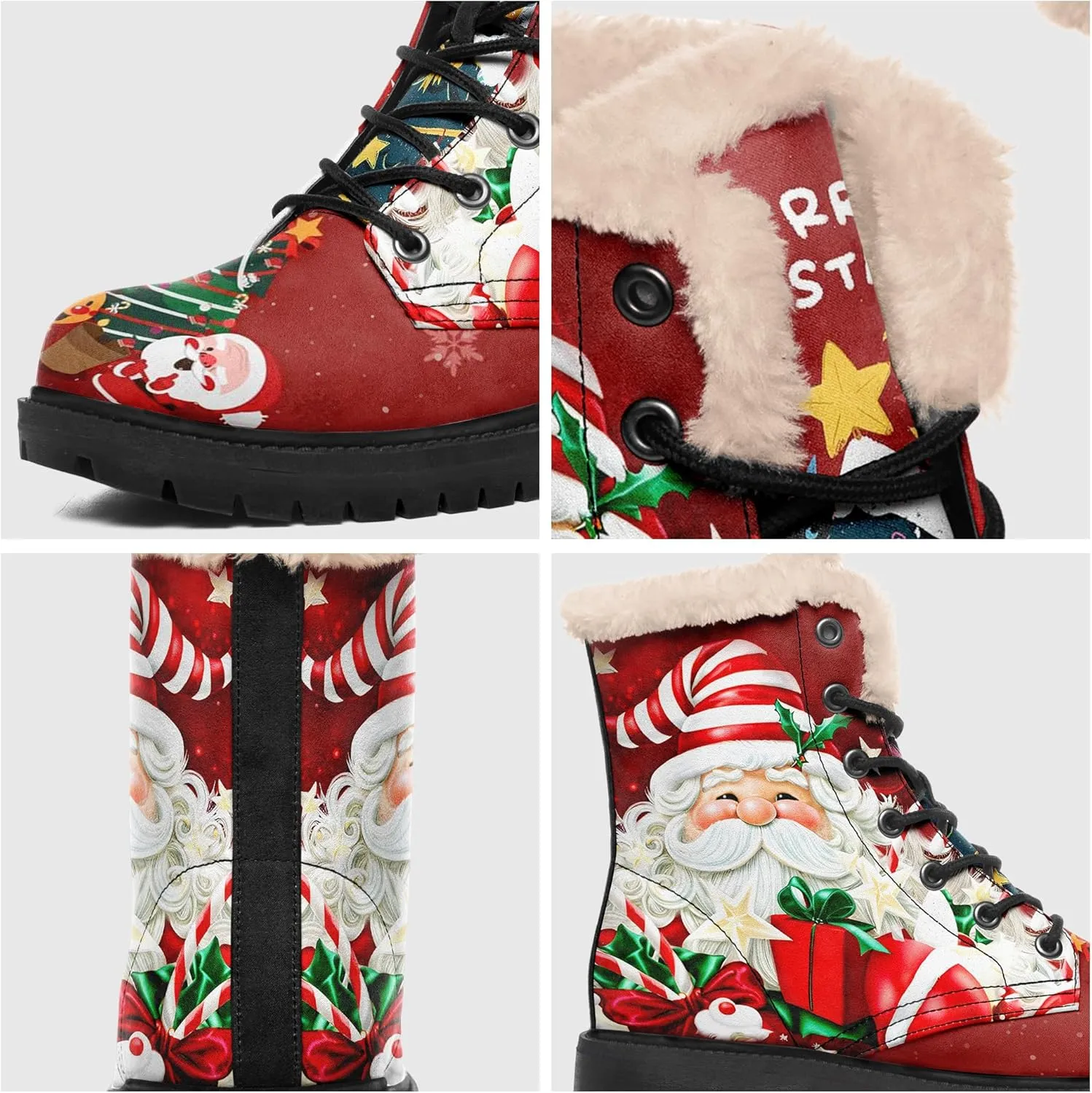 Winter Boots for Women, Custom Christmas Boots Santa Claus Print Ladies Fur Lined Lace up Ankle Boots Comfortable Warm Winter Snow Shoes Outdoor Christmas Gift