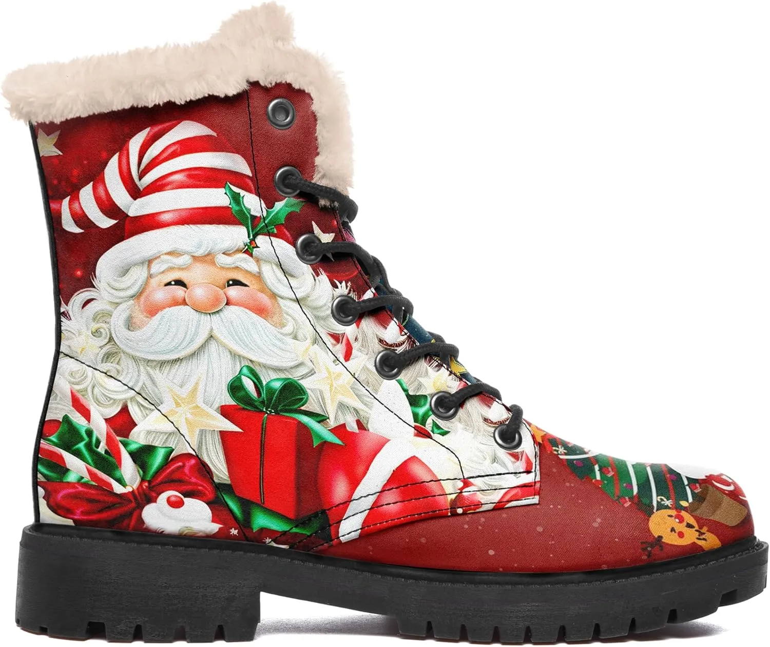 Winter Boots for Women, Custom Christmas Boots Santa Claus Print Ladies Fur Lined Lace up Ankle Boots Comfortable Warm Winter Snow Shoes Outdoor Christmas Gift