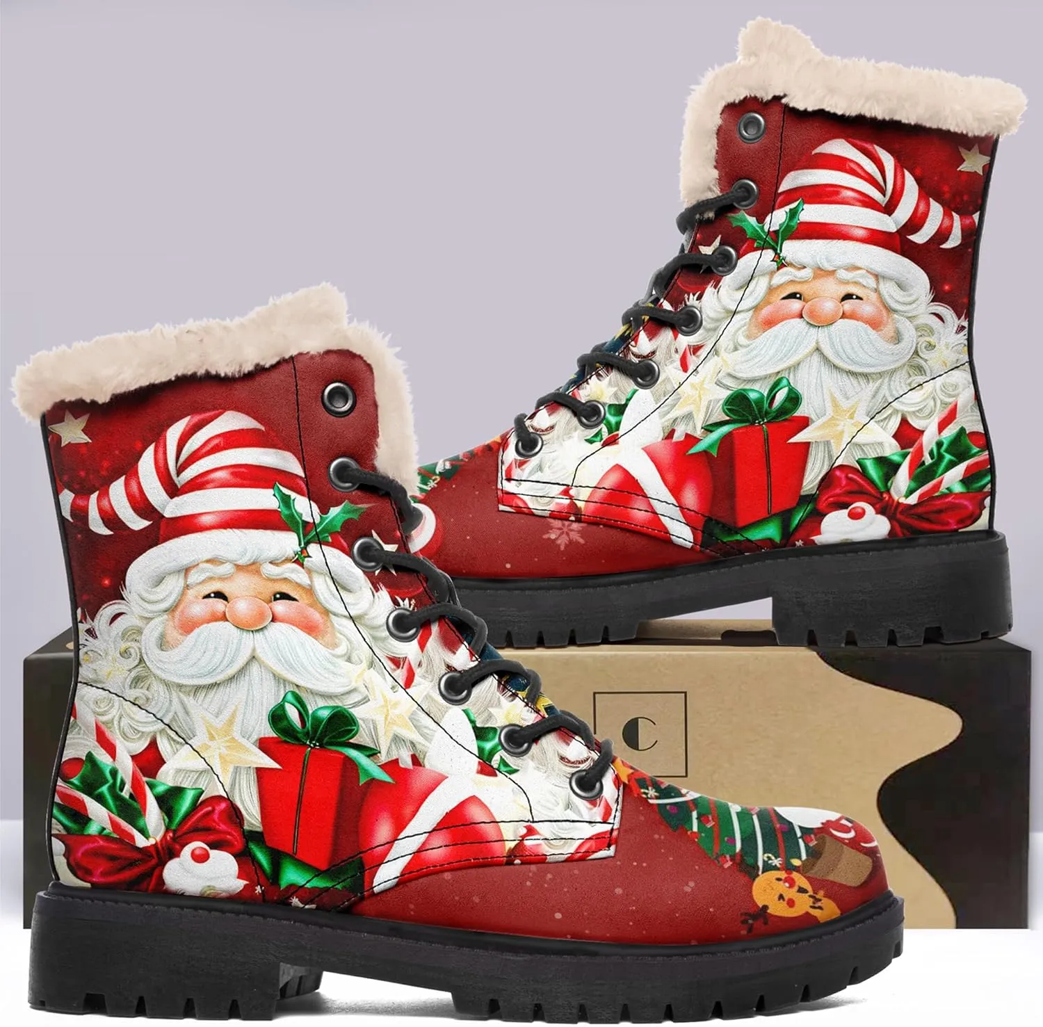 Winter Boots for Women, Custom Christmas Boots Santa Claus Print Ladies Fur Lined Lace up Ankle Boots Comfortable Warm Winter Snow Shoes Outdoor Christmas Gift